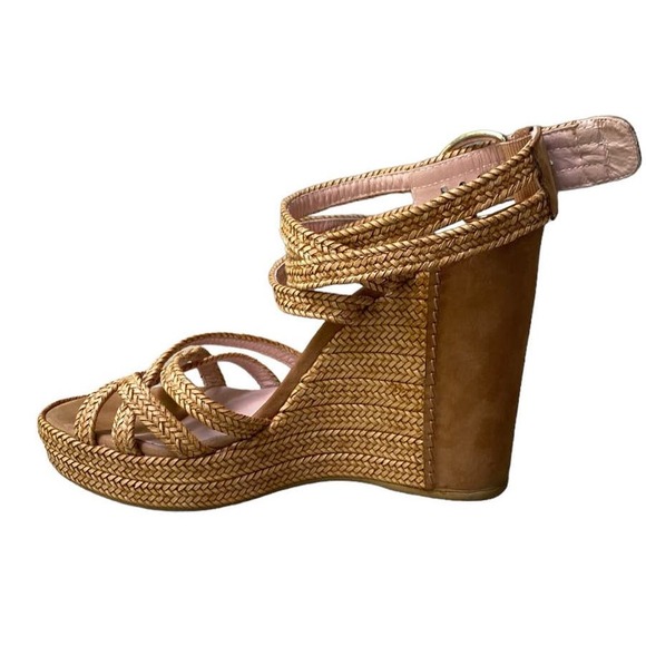 Stuart Weitzman Reins Wedge Sandal Size 9 Tan Camel Strappy Heel Straw Weave - Picture 5 of 16